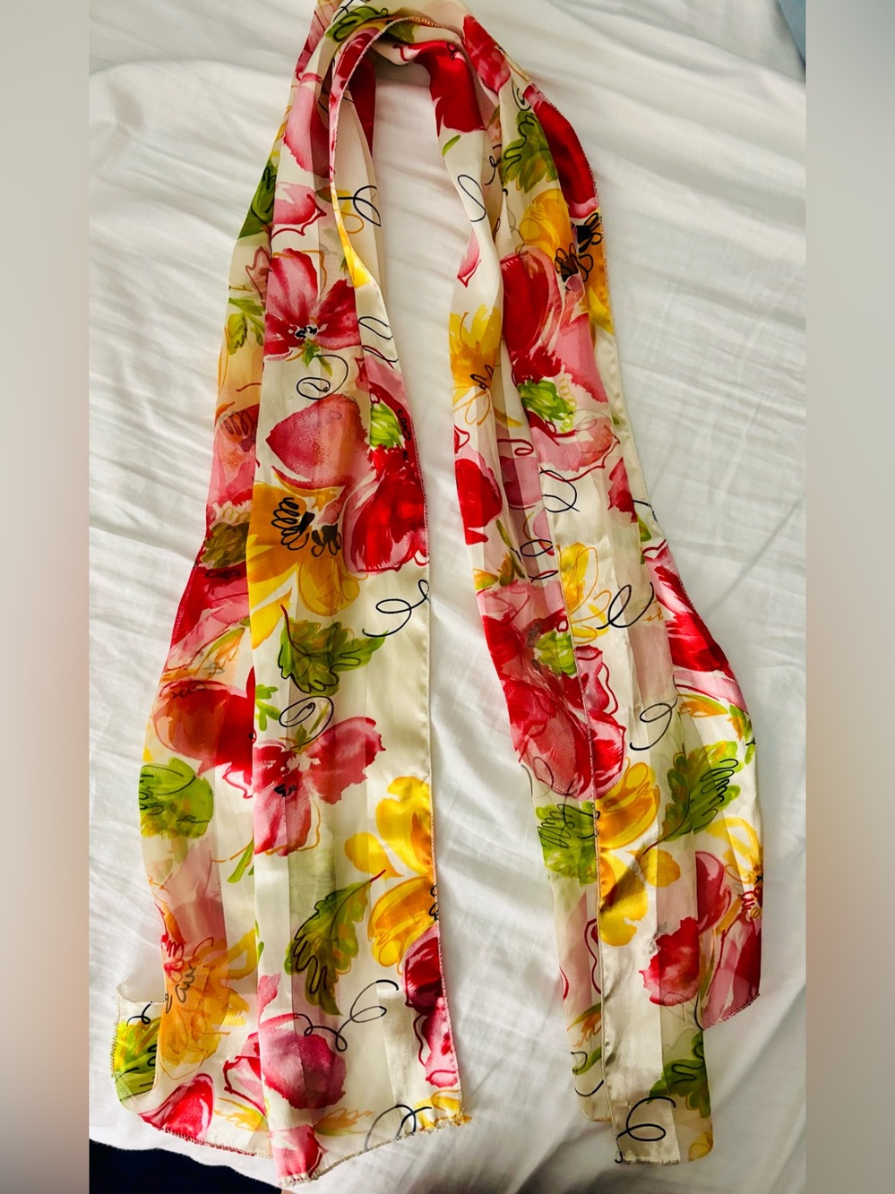 Vintage Floral Print Scarf in Red, Yellow & Green. Made in Korea. Polyester